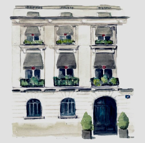 Watercolor illustration of the Cimarosa Residences facade, with flower boxes and an arched entrance.